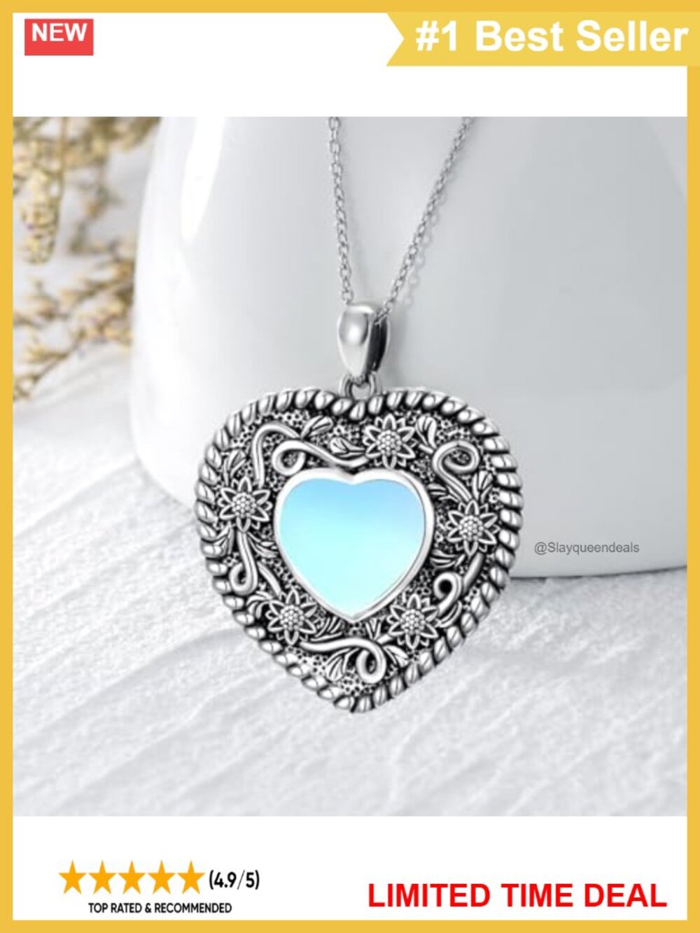 925 Sterling Silver Sunflower Moonstone Heart Pendant Necklace 18+2" - Picture 2 of 5